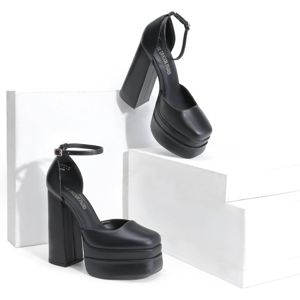 Dream Pairs Womens Black Faux Leather Closed Toe Chunky High Heels Platform - Picture 4 of 9